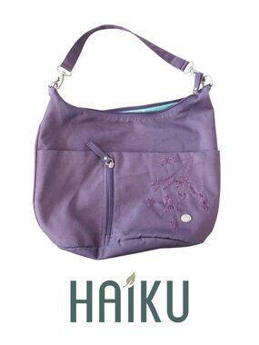 Haiku Plum Hobo Bag Embroidered Floral Design, Recycled Fabric Teal Interior